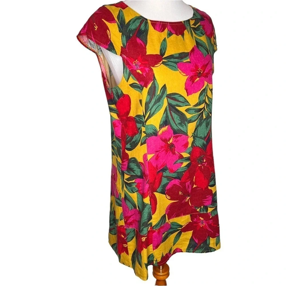 For Cynthia Womens Linen Dress Size Petite Large Hawaiian Tropical Floral Print